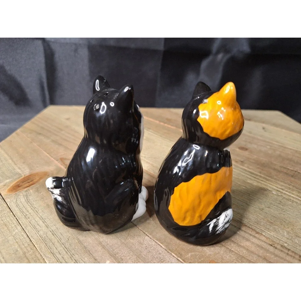 Tuxedo and Calico Cat Ceramic Salt and Pepper Shakers Set Black White Orange